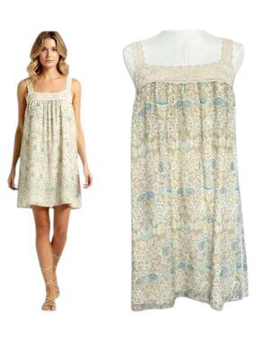 Anthropologie Maeve Silk Mini Dress Cream Blue Crochet Empire M